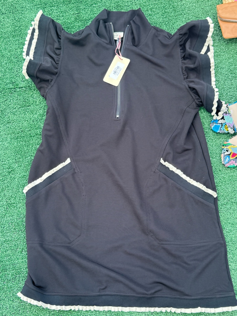 NWT Entro Black Ruffle Sleeve Polo Dress with Cream Trim